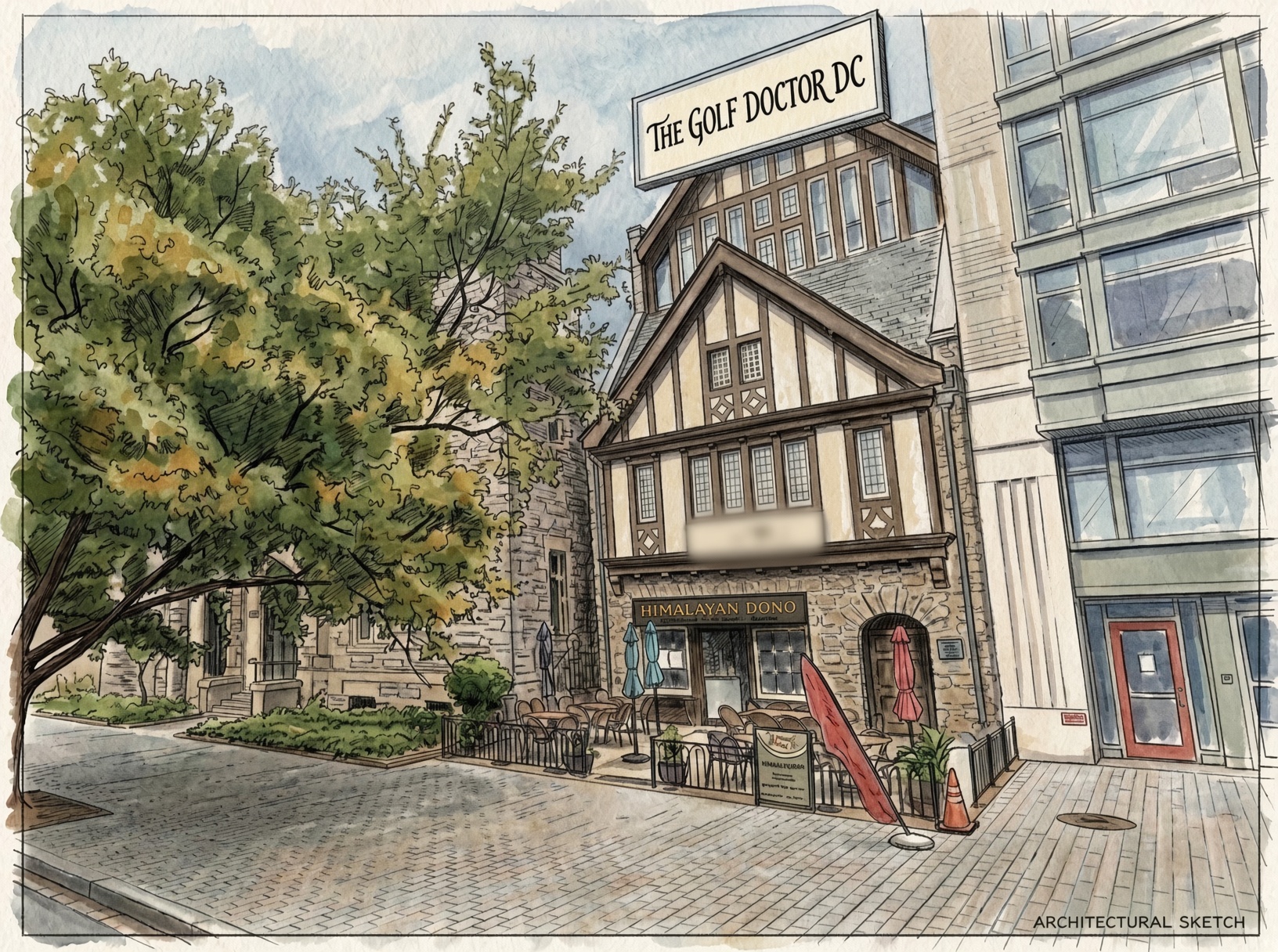 Watercolor sketch of The Golf Doctor DC on K Street