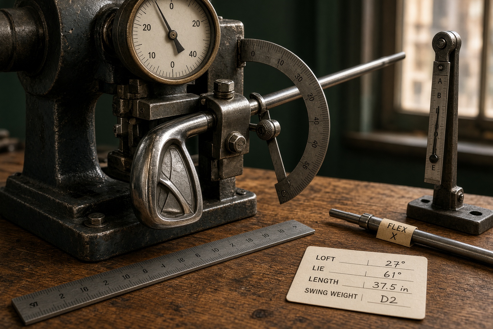 Iron clamped in a loft-and-lie machine with a degree gauge