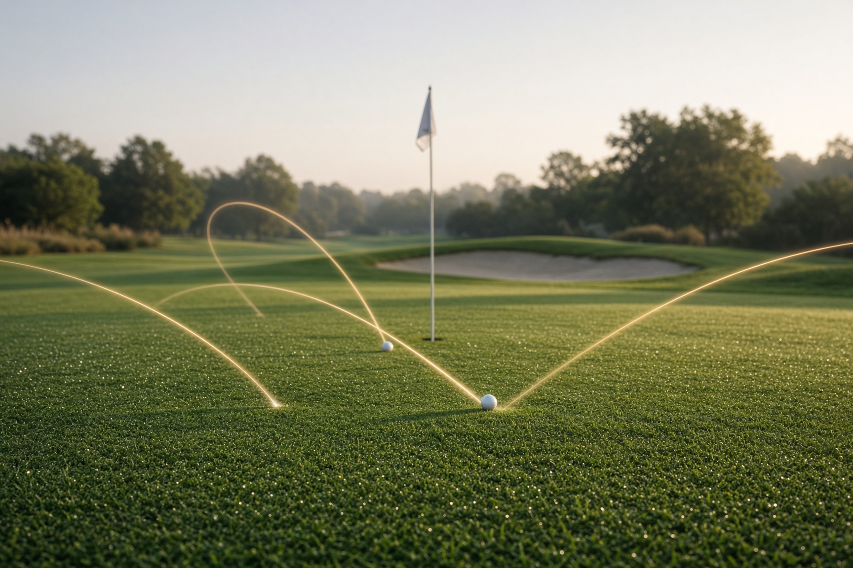 Four different ball flights falling onto a golf green around the pin