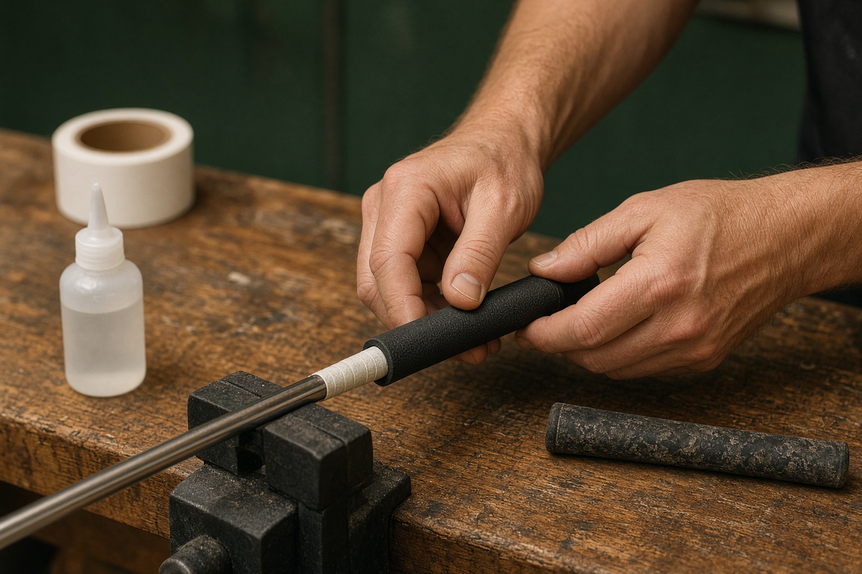A golf club being regripped on the workshop bench