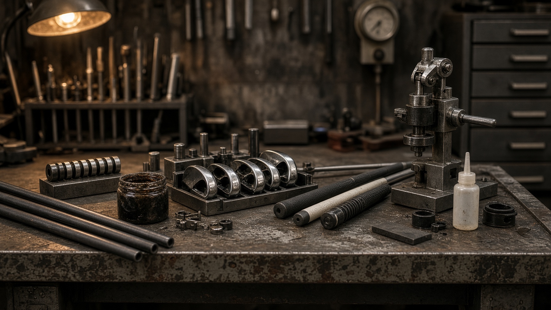 Club making workbench with shafts, grips, and tools